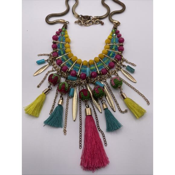 Ethnic Boho Bead Fabric Statement Necklace Fringe Tassel Earrings Gold Tone - Picture 3 of 10